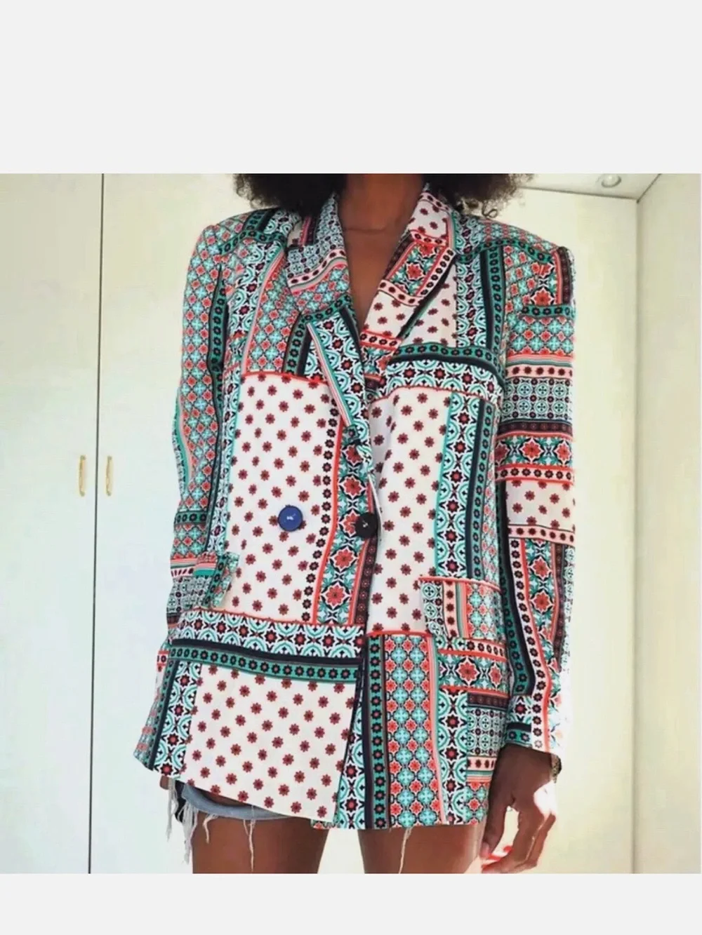 ZARA Retro Patchwork Printed Multicolor Satin-Effect Blazer and matching pants - Picture 6 of 10